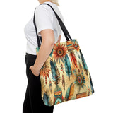 Aztec Tote/ Southwestern Boho Tribal Blue Feathers And Flowers Large Bag