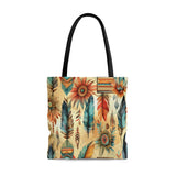 Aztec Tote/ Southwestern Boho Tribal Blue Feathers And Flowers Large Bag