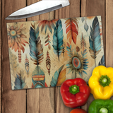 Aztec Cutting Board/ Southwestern Boho Tribal Blue Feathers And Flowers Stick Kitchen Décor Gift