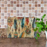 Aztec Cutting Board/ Southwestern Boho Tribal Blue Feathers And Flowers Stick Kitchen Décor Gift