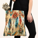 Aztec Tote/ Southwestern Boho Tribal Blue Feathers And Flowers Large Bag