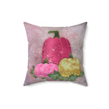 Autumn Fall Pillow/ Pink And Gold Glam Pumpkins With Green Glitter Imaged Oak Leaves Decor