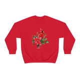 Christmas Cardinal Sweatshirt/ Red Cardinal With Pine Tree Branches, Holly And Poinsettia Winter Holiday Fleece Sweater
