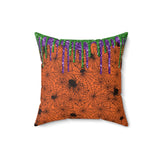 Halloween Throw Pillow/ Creepy Black Spiders On Orange Background With Glitter Imaged Glam Green, And Purple Drips Decor
