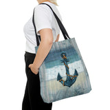 Nautical Tote Bag/ Ship Anchor, Blue Stripes And Map Coastal Tropical Large Beach Bag
