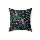 Halloween Throw Pillow/ Retro Neon Green, Pink And Blue Spiders And Webs Decor