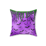 Halloween Throw Pillow/ Purple Glam Imaged Foil With Black Bats Adorned With Green And Purple Glitter Imaged Drips Decor