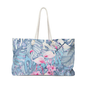 Flamingo Tote Rope Handle Bag/ Tropical Leaves Hibiscus Flowers Coastal Large Weekender Beach Bag