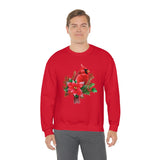 Christmas Cardinal Sweatshirt/ Red Cardinal With Pine Tree Branches, Holly And Poinsettia Winter Holiday Fleece Sweater
