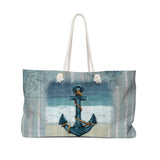 Nautical Tote Rope Handle Bag/ Ship Anchor, Blue Stripes And Map Coastal Tropical Large Weekender Beach Bag
