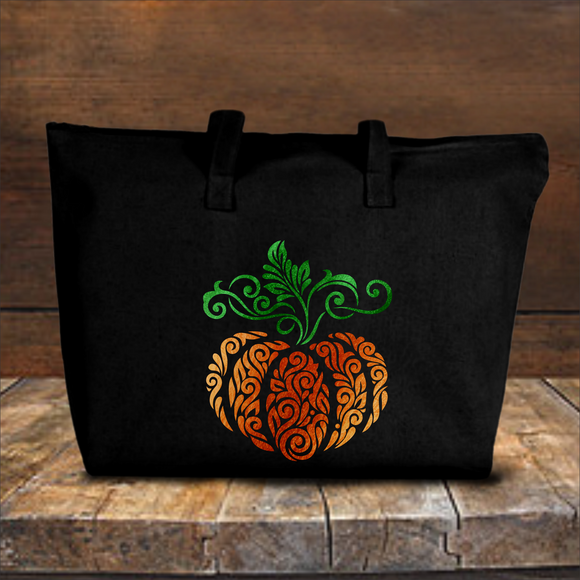 Filigree Pumpkin Autumn Tote Bag/ Fall Swirl Pumpkin Canvas Tote/ Metallic Orange And Green Rustic Fall Colors Book Bag