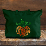 Filigree Pumpkin Autumn Tote Bag/ Fall Swirl Pumpkin Canvas Tote/ Metallic Orange And Green Rustic Fall Colors Book Bag