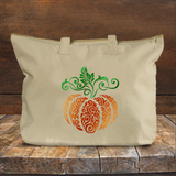 Filigree Pumpkin Autumn Tote Bag/ Fall Swirl Pumpkin Canvas Tote/ Metallic Orange And Green Rustic Fall Colors Book Bag