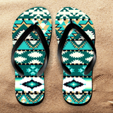 Aztec Flip Flops/ Aztec Tribal Turquoise Tropical Beach Flip Flops / Green Gold Geometric Southwestern Beach Sandals