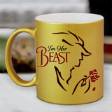 Disney Beauty Beast Couple Mugs Set/ His Hers Mr. and Mrs. Love Wedding Anniversary Engagement Gold Metallic Coffee Mug Gift