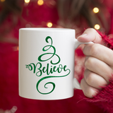 Christmas Mug/ Believe Swirly Flourish Tree Holiday Coffee Mug