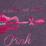 Breast Cancer Awareness Shirts/ In October We Wear Pink Guitar Landscape Lake Reflection And Ribbon T Shirts