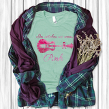 Breast Cancer Awareness Shirts/ In October We Wear Pink Guitar Landscape Lake Reflection And Ribbon T Shirts