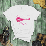 Breast Cancer Awareness Shirts/ In October We Wear Pink Guitar Landscape Lake Reflection And Ribbon T Shirts