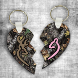 Browning Keychain/ Buck And Doe Oak Camo Split Heart Couple Keychains/ Key Charms/ Hunting Theme, Browning Deer, Camouflage Keycharm