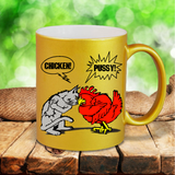 Chicken Pussy Mug / Funny Animal Cartoon Fight Pearl Metallic Coffee Mug/ Cat And Chicken Name Calling Mug Gift