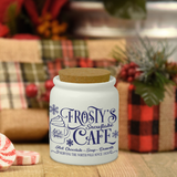 Christmas Ceramic Jar/ Frosty's Snowflake Café At The North Pole Sugar/ Spice Jar With Cork Lid Country Holiday Farmhouse Kitchen Gift
