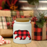 Christmas Ceramic Jar/ Red Plaid Winter Bear Creamer/ Sugar/ Spice Jar With Cork Lid Country Holiday Farmhouse Kitchen Gift