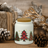 Christmas Ceramic Jar/ Red And Green Plaid Winter Trees Creamer/ Sugar/ Spice Jar With Cork Lid Country Holiday Farmhouse Kitchen Gift