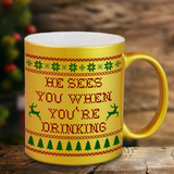 Ugly Christmas Sweater Coffee Mug/ Funny Santa He Sees You When You’re Drinking Metallic Gold, Silver Mug/ Holiday Sweater Coffee Lover Gift