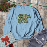 Christmas Bear Sweatshirt/ Emerald Green Bear And Pinecones Winter Holiday Fleece Sweater