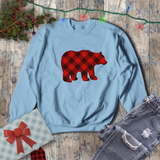 Christmas Bear Sweatshirt/ Red Buffalo Plaid Bear Winter Holiday Fleece Sweater