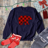 Christmas Bear Sweatshirt/ Red Buffalo Plaid Bear Winter Holiday Fleece Sweater