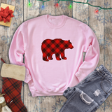 Christmas Bear Sweatshirt/ Red Buffalo Plaid Bear Winter Holiday Fleece Sweater
