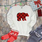 Christmas Bear Sweatshirt/ Red Buffalo Plaid Bear Winter Holiday Fleece Sweater