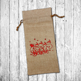 Christmas Wine Gift Bag/ Believe In Santa Red Reindeer And Sleigh Christmas Holiday Burlap Wine Tote
