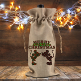Disney Christmas Wine Gift Bag/ Plaid Kissing Mickey And Minnie Mouse Holiday Burlap Wine Tote