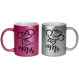 Disney Couple Wedding Gift Mug Set / Mickey And Minnie, Mr. And Mrs. Metallic Coffee Mug Set/ Disney Bride Groom Pink And Silver Mugs