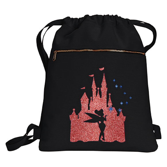 Disney Tinkerbell Backpack/ Cinderella’s Castle Rose Gold Glitter Vacation Travel Park Bag Gift