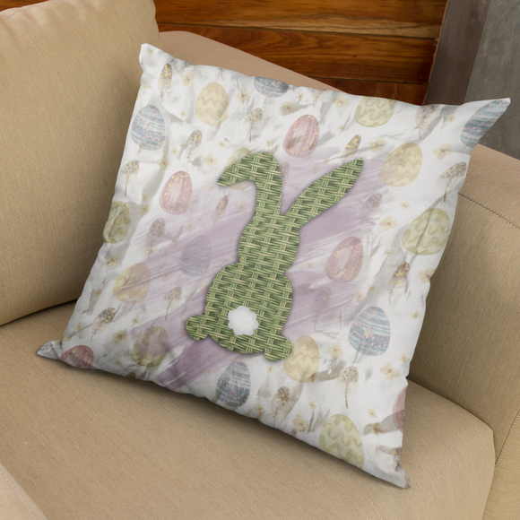 Easter Pillow/ Green Wicker Easter Bunny Rabbit With Watercolor Decorated Easter Eggs Spring Décor