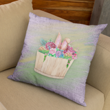 Easter Pillow/ Bunny Rabbit Ears Half Barrel And Flowers Spring Décor