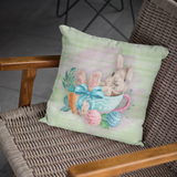 Easter Pillow/ Bunny Rabbit In Teacup With Carrot And Decorated Easter Eggs Spring Décor