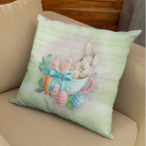 Easter Pillow/ Bunny Rabbit In Teacup With Carrot And Decorated Easter Eggs Spring Décor