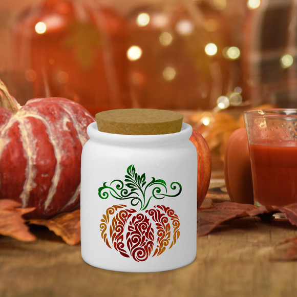 Filigree Pumpkin Ceramic Jar/ Thanksgiving Autumn Décor Creamer/ Sugar/ Spice Jar With Cork Lid Farmhouse Kitchen Gift
