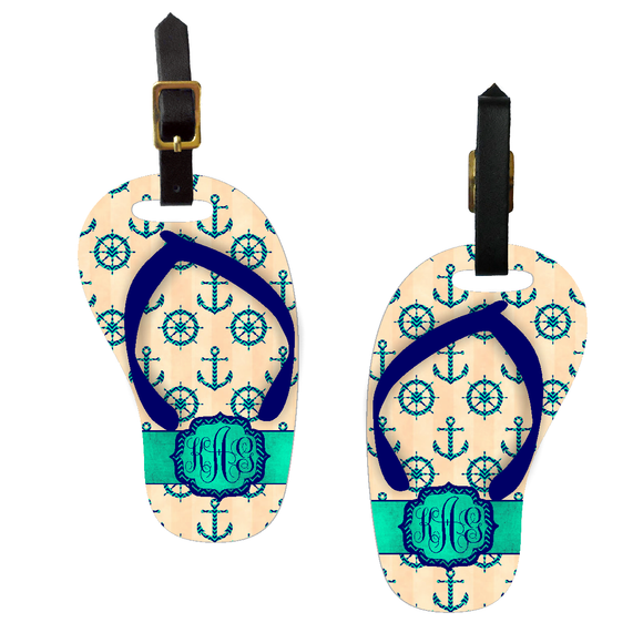 Monogrammed Nautical Flip Flop Bag Tag/ Personalized Chevron Anchor Ship Wheel Luggage Tag/  Flip Flop Shaped Travel Bag Tag