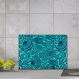 Beach Seashells Glass Cutting Board/ Navy Blue Seashell Collection On Teal Kitchen Décor Gift