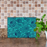 Beach Seashells Glass Cutting Board/ Navy Blue Seashell Collection On Teal Kitchen Décor Gift