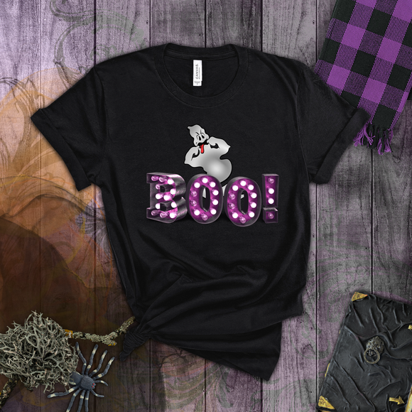 Halloween Shirts/ Purple Marquee Letter Lights BOO! And Funny Ghost With Tongue Sticking Out T Shirts
