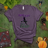 Halloween Sexy Witch Shirts/ Gothic Glam Ride Fast Die Pretty Neon Purple Green Witch On Broom T-Shirt