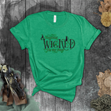 Halloween Costume Shirt/ Something Wicked This Way Comes Purple And Green Witch Hat, Black Cat And Spider T-Shirts