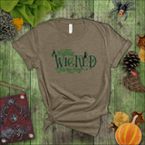 Halloween Costume Shirt/ Something Wicked This Way Comes Purple And Green Witch Hat, Black Cat And Spider T-Shirts